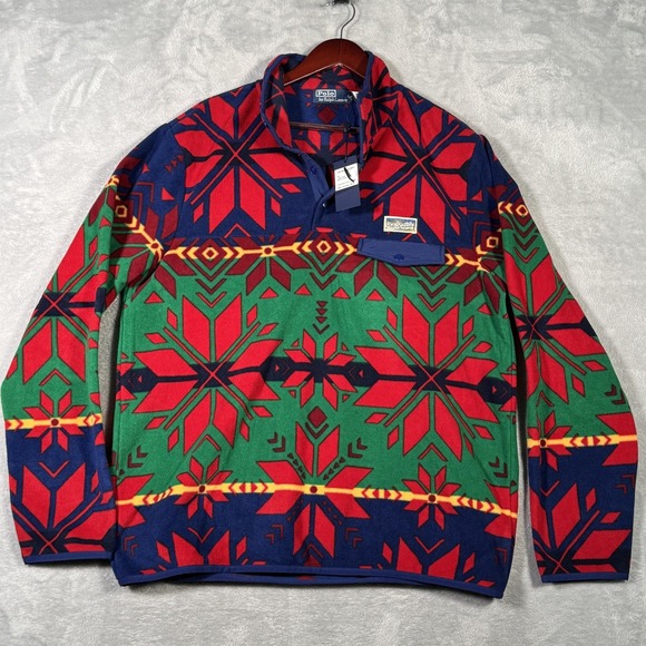 Polo Ralph Lauren Pullover Mens M Red Green Fleece Snap Fair‎ Isle Snowflake